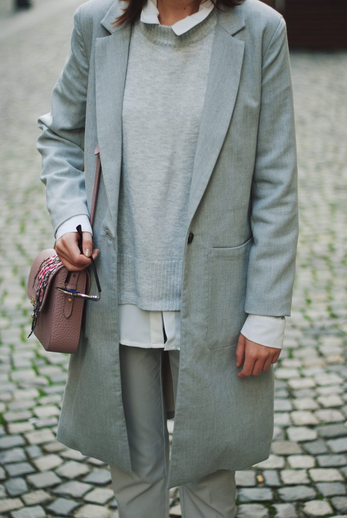 White shirt, grey pants trousers, grey sweater, grey coat, white sneakers, glitter socks, floral crossbody bag, all grey outfit for fall, Andreea Birsan White shirt, grey pants trousers, grey sweater, grey coat, white sneakers, glitter socks, floral crossbody bag, all grey outfit for fall, Andreea Birsan