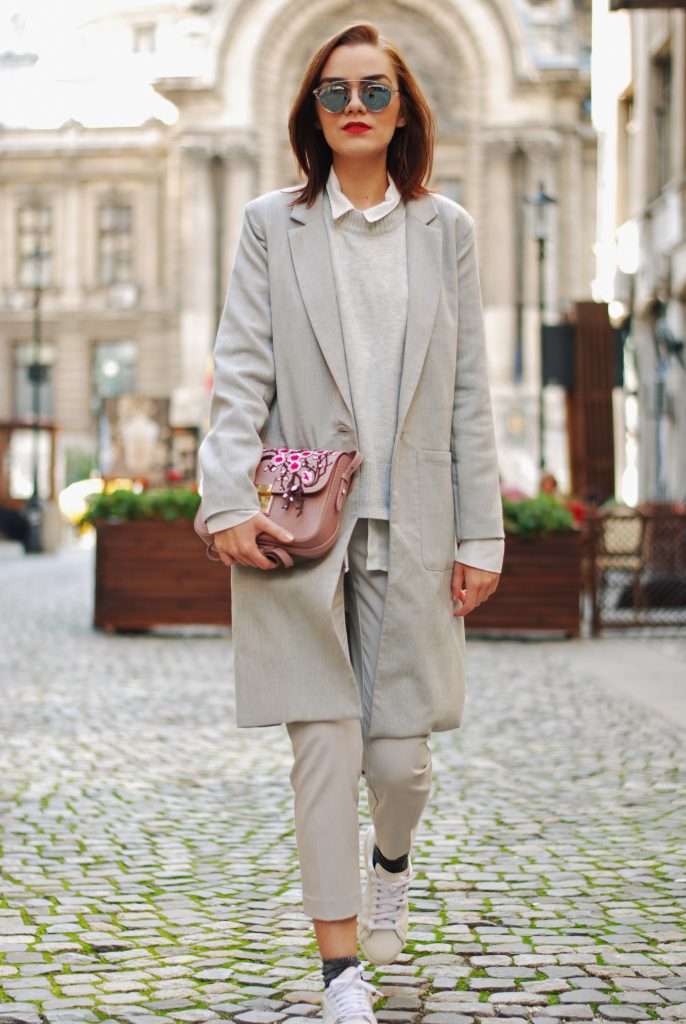 White shirt, grey pants trousers, grey sweater, grey coat, white sneakers, glitter socks, floral crossbody bag, all grey outfit for fall, Andreea Birsan White shirt, grey pants trousers, grey sweater, grey coat, white sneakers, glitter socks, floral crossbody bag, all grey outfit for fall, Andreea Birsan