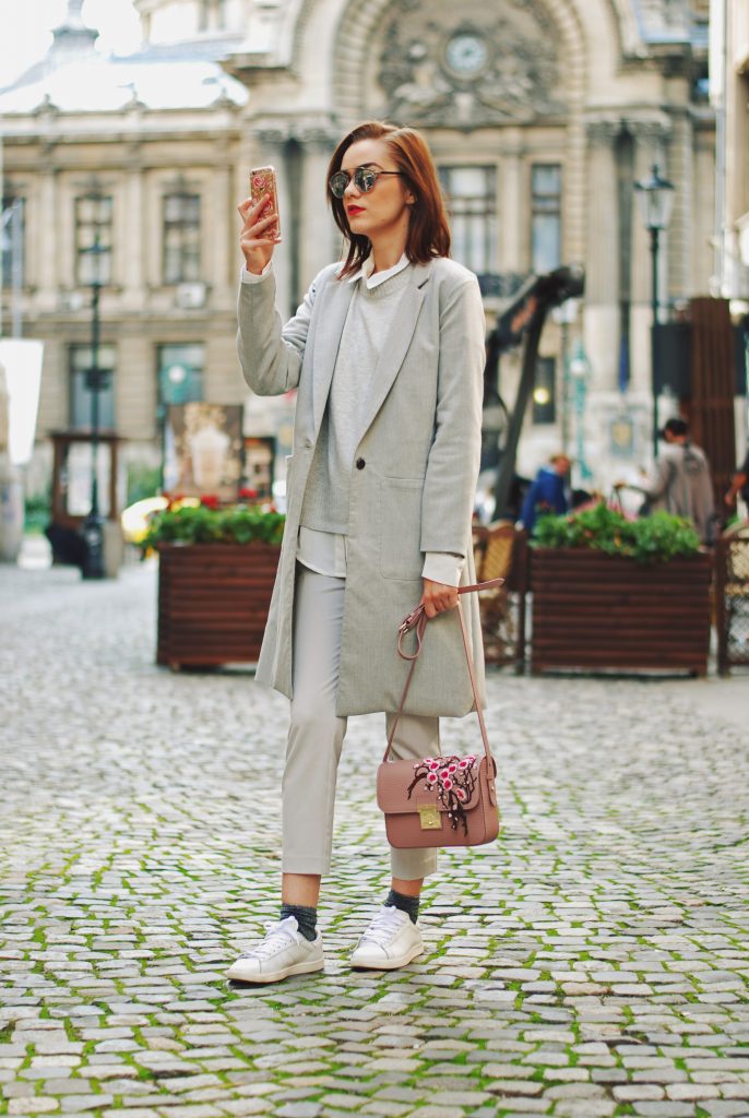 White shirt, grey pants trousers, grey sweater, grey coat, white sneakers, glitter socks, floral crossbody bag, all grey outfit for fall, Andreea Birsan White shirt, grey pants trousers, grey sweater, grey coat, white sneakers, glitter socks, floral crossbody bag, all grey outfit for fall, Andreea Birsan