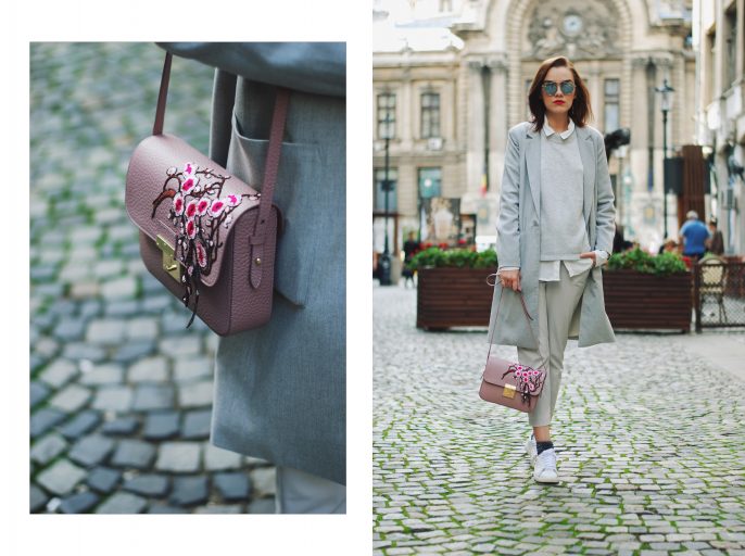 White shirt, grey pants trousers, grey sweater, grey coat, white sneakers, glitter socks, floral crossbody bag, all grey outfit for fall, Andreea Birsan White shirt, grey pants trousers, grey sweater, grey coat, white sneakers, glitter socks, floral crossbody bag, all grey outfit for fall, Andreea Birsan
